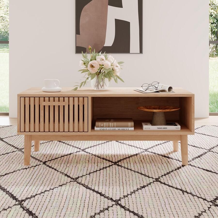 NMONET Salontafels lade links open vak rechts houten handgrepen kabeldoorvoergaten antislipvoetjes afgeronde hoeken 50x100x43 cm(LxBxH) bruin