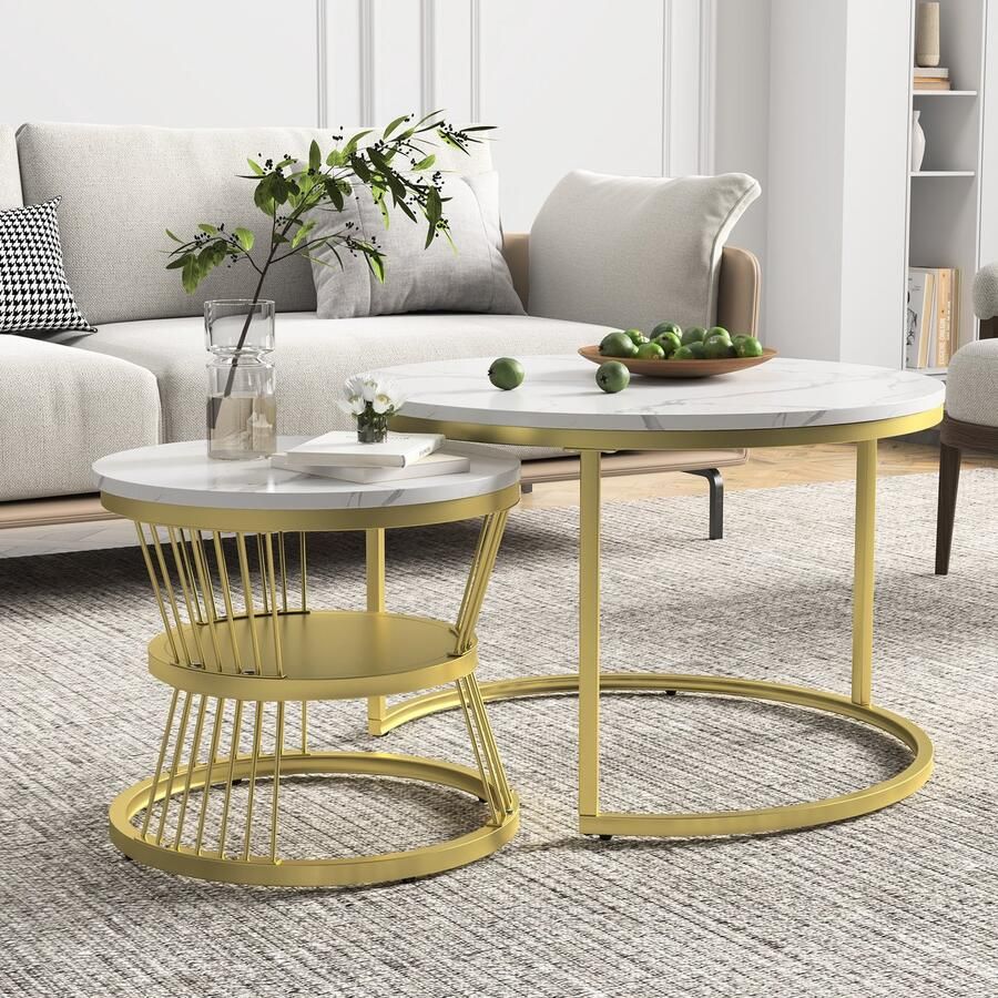 NMONET Salontafelset (2-delig) Salontafel met marmerlook Goudkleurig metalen frame Rond Moderne stijl 70x70x45 cm Wit + Goud