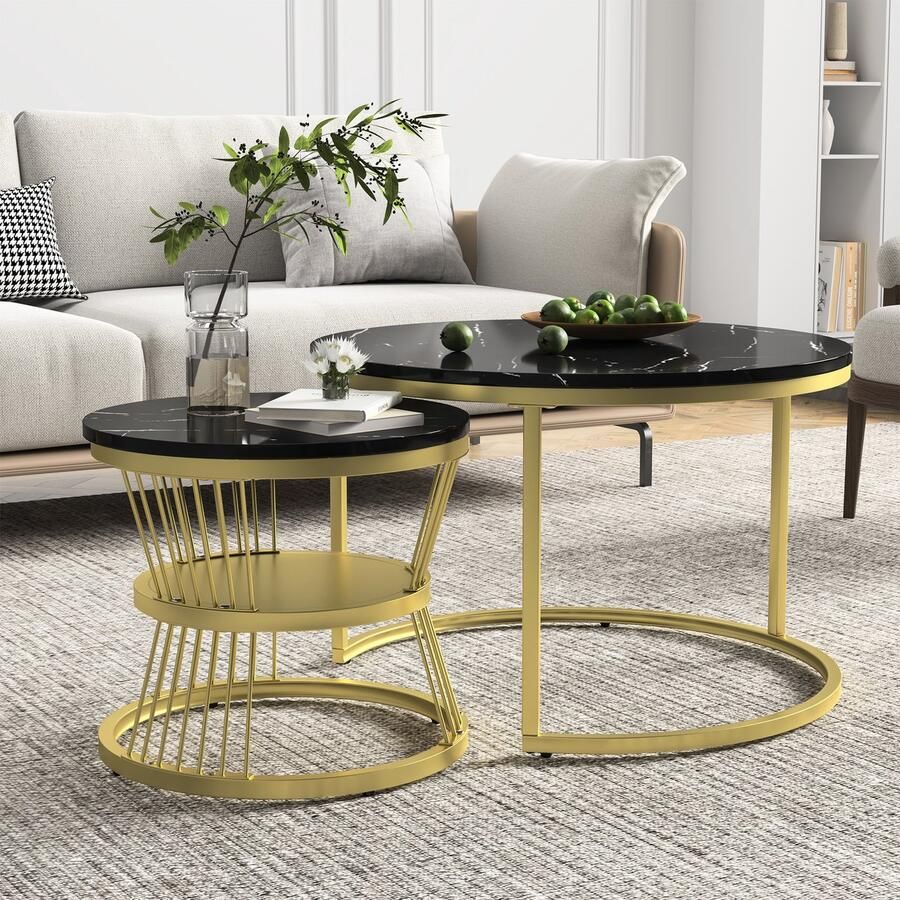 NMONET Salontafelset (2-delig) Salontafel met marmerlook Goudkleurig metalen frame Rond Moderne stijl 70x70x45 cm Zwart + Goud