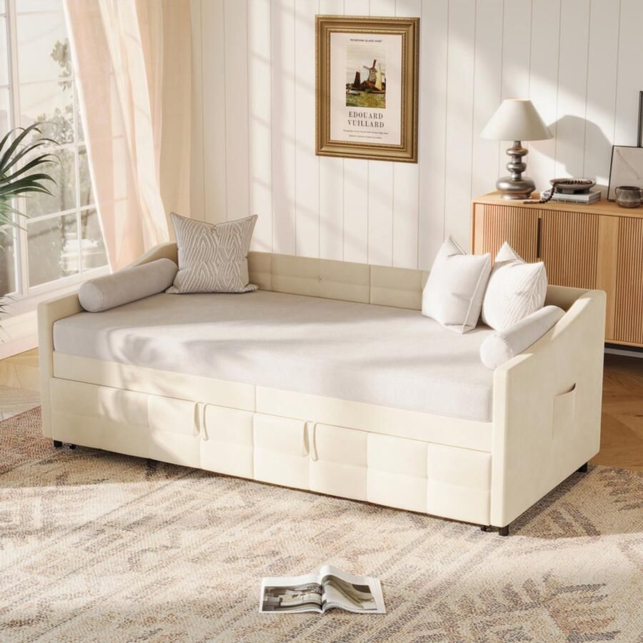 NMONET Slaapbanken 90x200 cm Eenpersoonsbed Zacht Tas bed Met uitschuifbaar bed Opbergzak Gewatteerde vangrail metalen frame lattenbodem moderne stijl beige