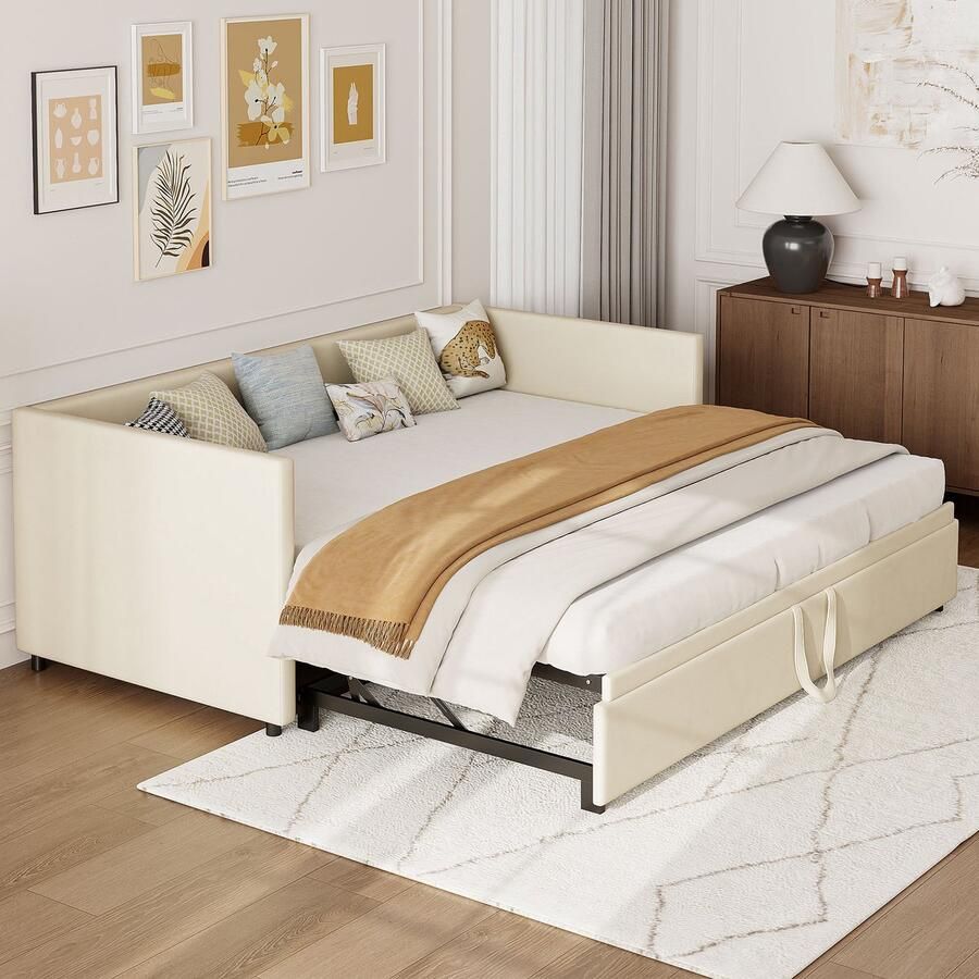 NMONET Slaapbanken 90x200 cm Ligbed eenpersoonsbed met uitschuifbaar bed Fluwelen armleuningen Drie verstelbare standen Metalen frame Lattenbodem Moderne stijl Beige
