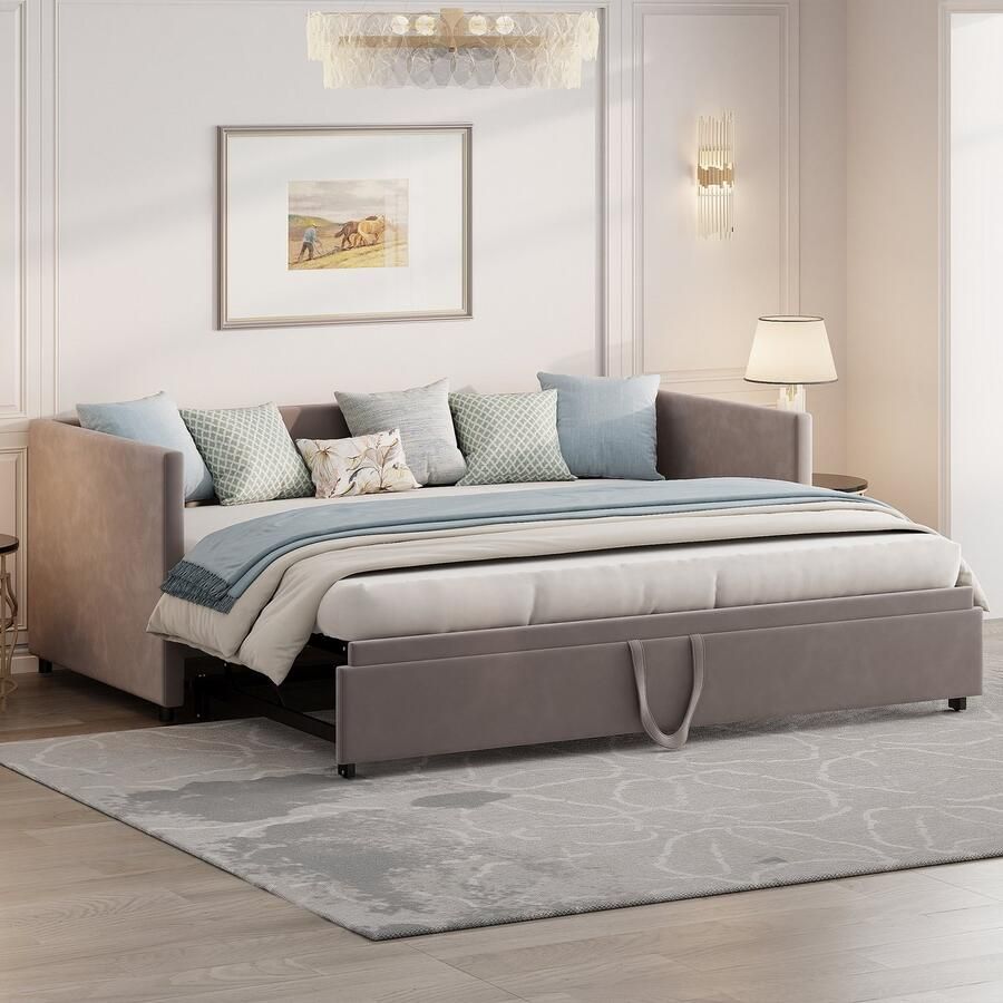 NMONET Slaapbanken 90x200 cm Ligbed eenpersoonsbed met uitschuifbaar bed Fluwelen armleuningen Drie verstelbare standen Metalen frame Lattenbodem Moderne stijl Grijs