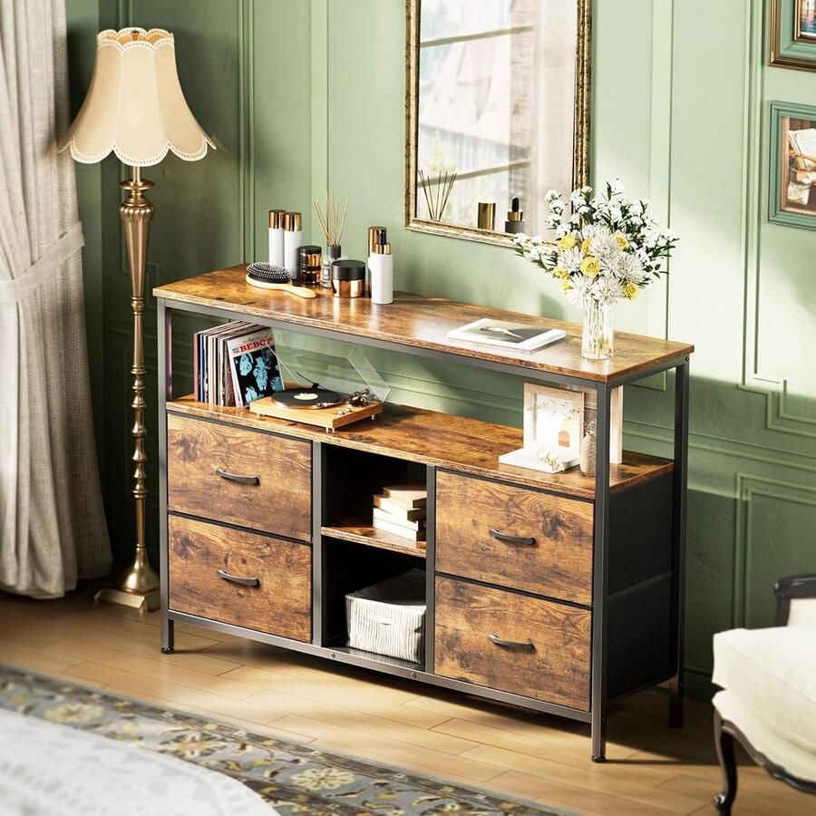 NMONET TV meubels TV-kasten RGB LED-stripverlichting Houtnerf afwerking Metalen frame Massief houten front 4 lades Grote opbergruimte 29x137x78 cm Trendy stijl Veelkleurig