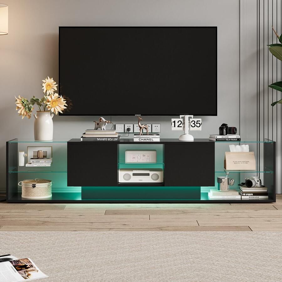 NMONET TV meubels TV Standaard TV kast 2 greeploze lades Glazen planken RGB lichtstrip Open opbergplanken 200x35x45 cm Eenvoudige stijl zwart