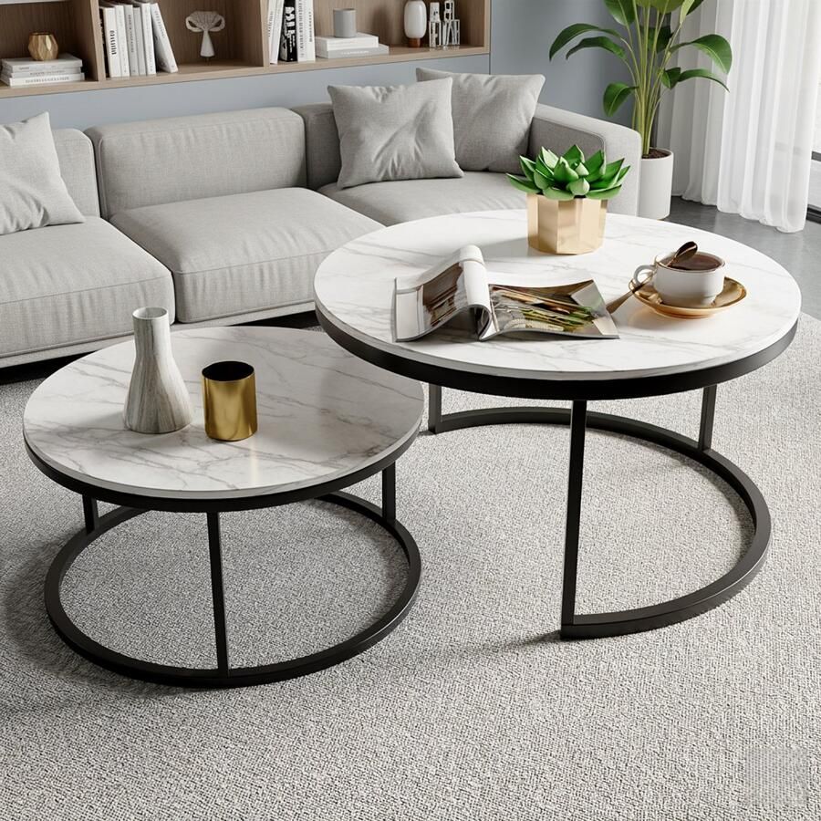 NMONET Twee salontafels metalen frame afgeronde randen grote tafel 45x80 cm (lengte en breedte) kleine tafel 33x60 cm (lengte en breedte) marmerpatroon moderne stijl zwart
