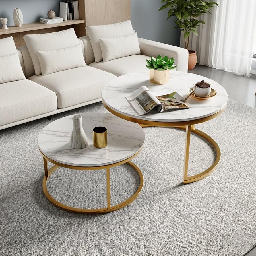 NMONET Twee salontafels metalen frame afgeronde randen grote tafel 45x80 cm (lengte en breedte) kleine tafel 33x60 cm (lengte en breedte) marmerpatroon moderne stijl goud