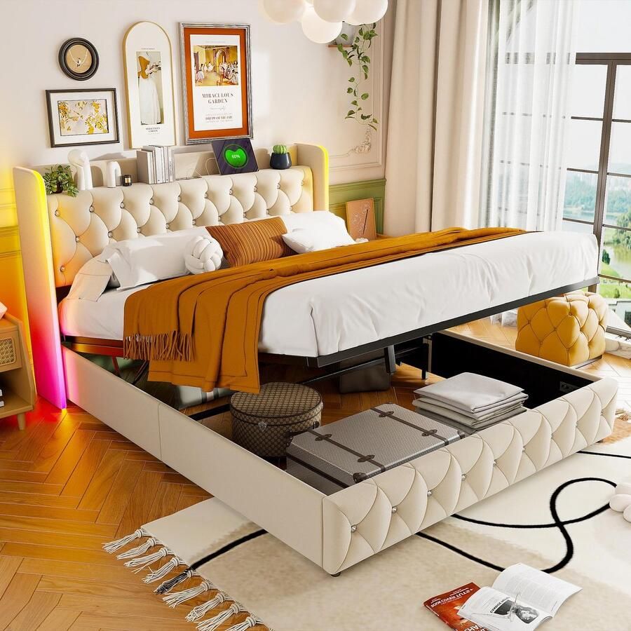 NMONET Tweepersoonsbed 140x200 cm Gestoffeerd bed Grote opbergruimte Massief houten lattenbodem RGB LED-lichtstrip Dubbele USB-aansluiting Fluwelen stof Beige - Foto 2