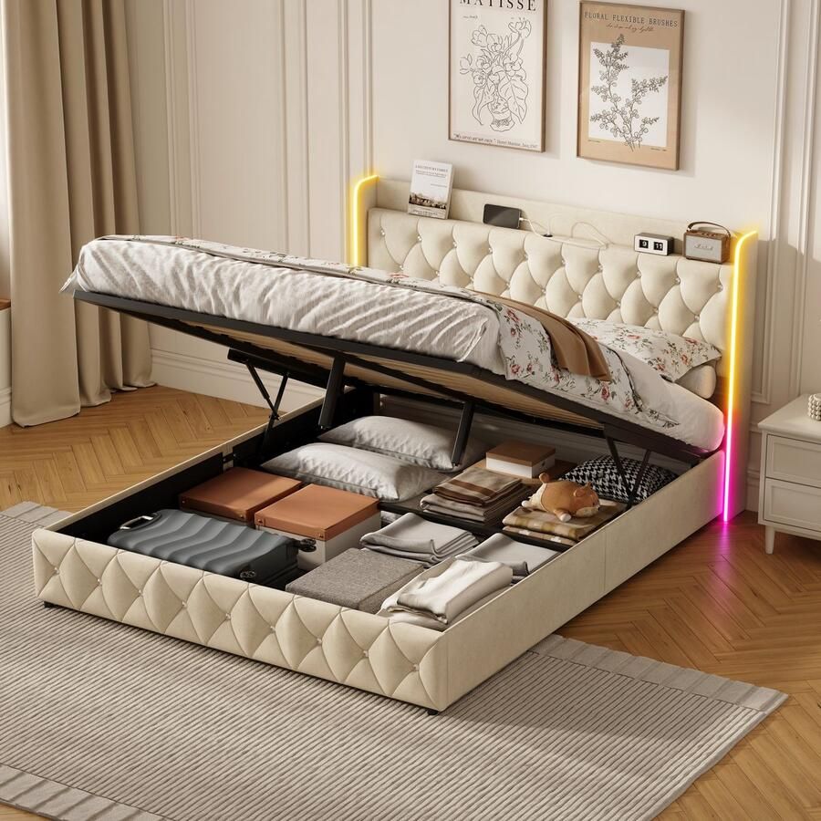 NMONET Tweepersoonsbed 160x200 cm Gestoffeerd bed Grote opbergruimte Massief houten lattenbodem RGB LED-lichtstrip Dubbele USB-aansluiting Fluwelen stof Beige