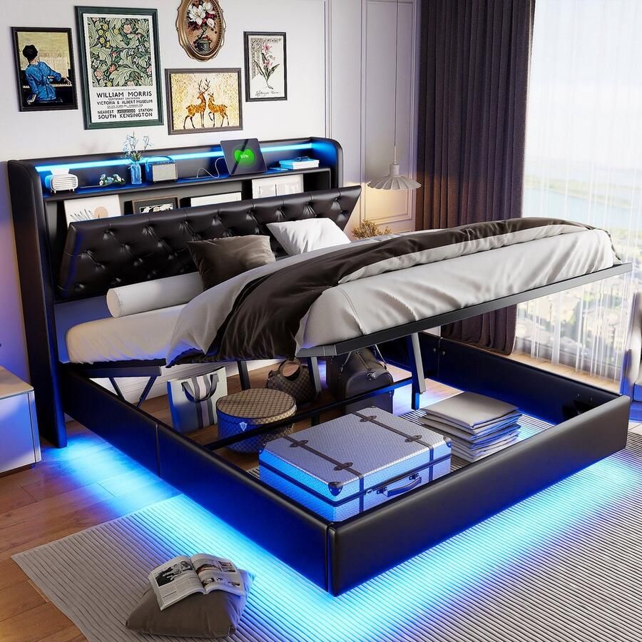 NMONET Tweepersoonsbed met opbergruimte 140x200 cm gestoffeerd bed lattenbodem van massief hout ledverlichting multifunctionele opbergruimte dubbele USB-poorten kunstleer Zwart
