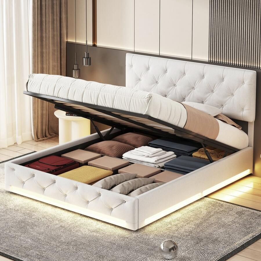 NMONET Tweepersoonsbedde 160x200 cm Jeugdbed Volwassenbed Zacht Tas bed Pneumatisch stanghefsysteem Verstelbaar linnen hoofdbord Klinknagelpatroon RGB LED lichtstrip Metalen frame Lattenbodem Minimalistische stijl Beige