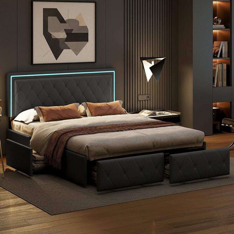 NMONET Tweepersoonsbedde 160x200 cm Zacht Tas bed Jeugdbed Volwassenbed Verstelbaar met leer bekleed Kussen hoofdeinde Ruitpatroon RGB LED-stripverlichting 4 lades Metalen frame Lattenbodem Grote opslagruimte Hedendaagse stijl Grijs