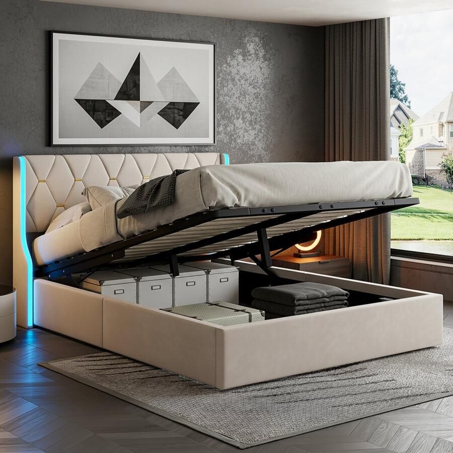 NMONET Tweepersoonsbedde 140x200 cm Volwassenbed Zacht Tas bed Jeugdbed Gestoffeerd hoofdeinde hydraulisch liftsysteem RGB LED-lichtstrip Ruitpatroon Metalen decoratieve strips metalen frame lattenbodem moderne stijl beige