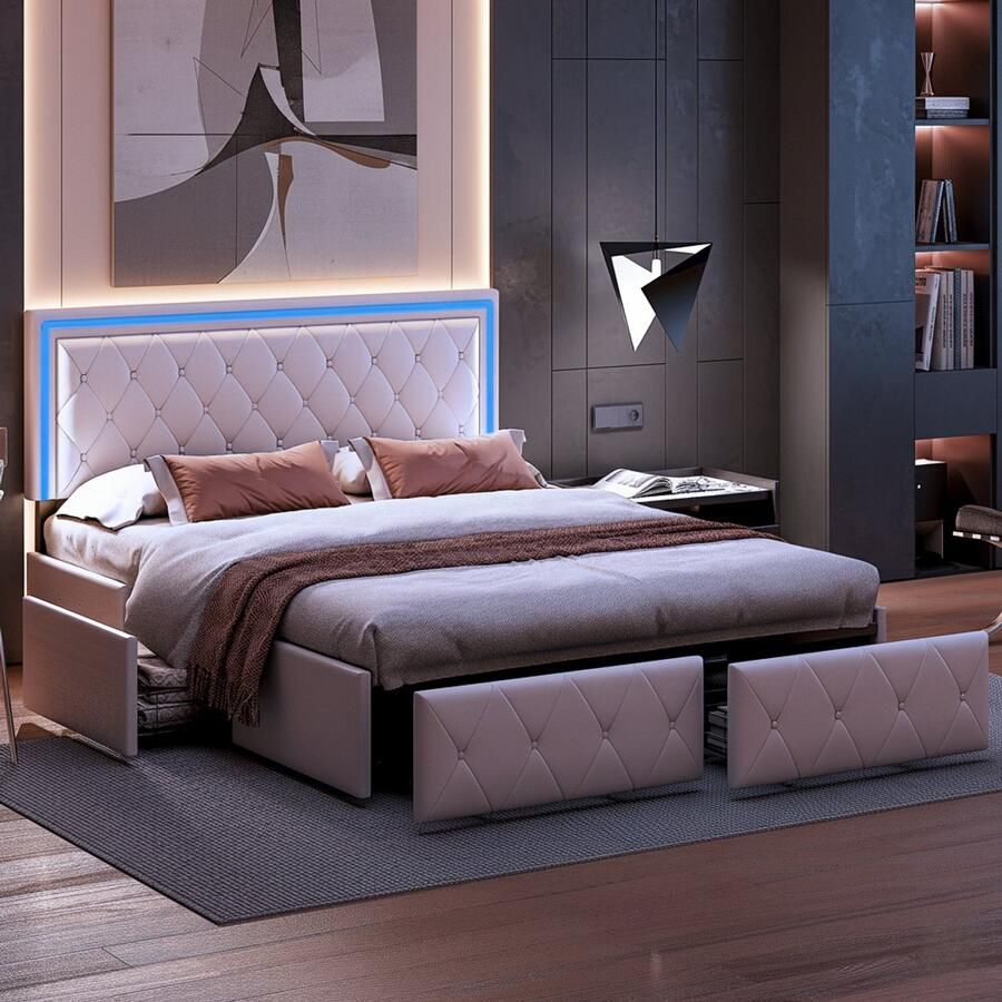 NMONET Tweepersoonsbedde 160x200 cm Zacht Tas bed Jeugdbed Volwassenbed Verstelbaar met leer bekleed Kussen hoofdeinde Ruitpatroon RGB LED-stripverlichting 4 lades Metalen frame Lattenbodem Grote opslagruimte Hedendaagse stijl Beige