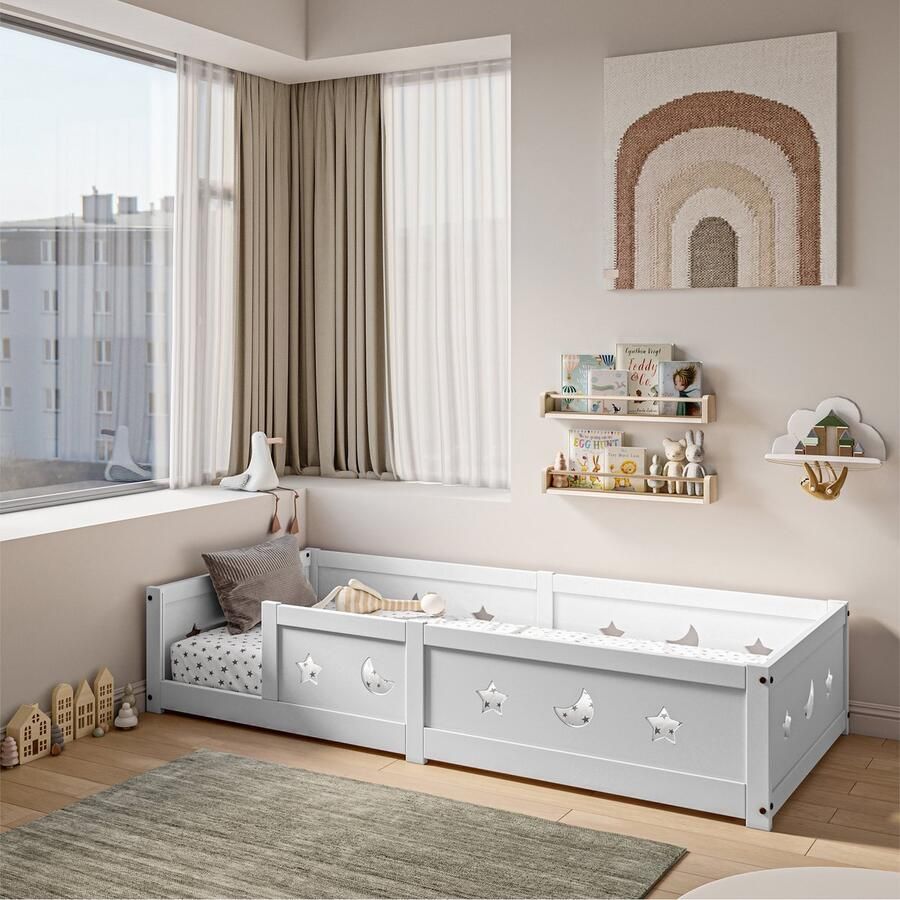 NMONET Tweepersoonsbedden 140x200 cm Kinderbed Vloerbed Hol patroon van ster maancombinatie Massief houten frame Lattenbodem Hoge zijhekken Moderne stijl Wit