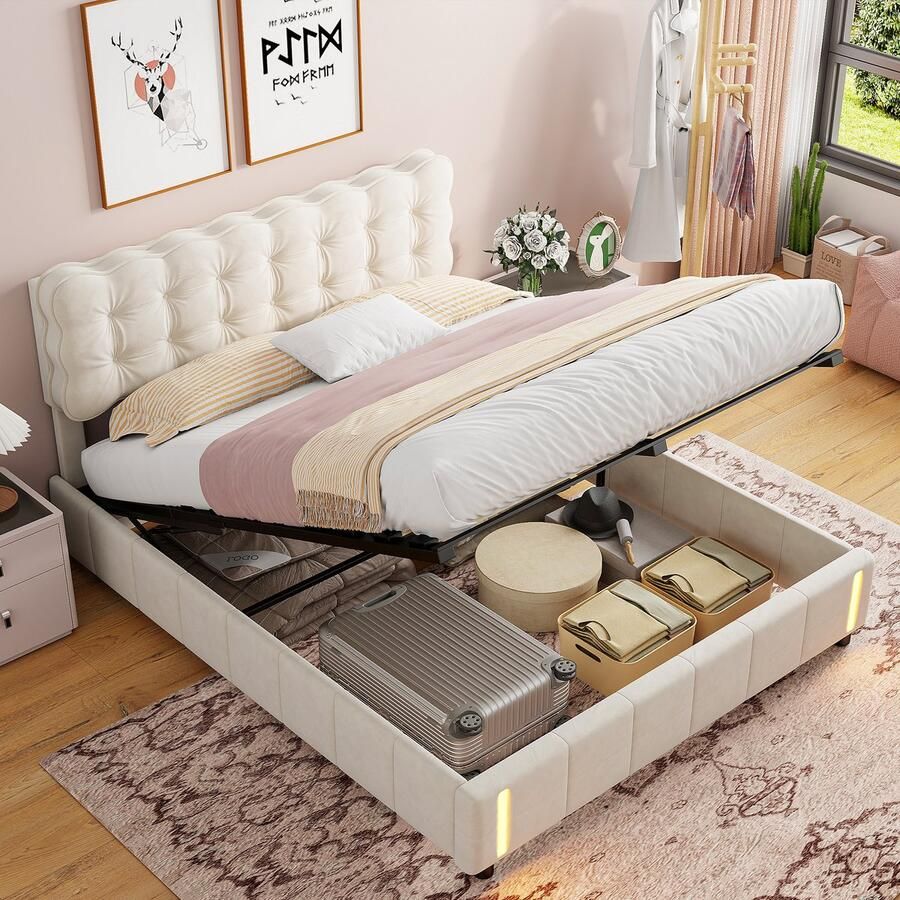 NMONET Tweepersoonsbedden 140x190 cm Gestoffeerd bed Volwassenbed Hoofdbord bekleed fluweel Luchtdruk hefsysteem -Sensor LED-lichtstrip Lattenbodem Metalen frame Grote opbergruimte Hedendaagse stijl Beige