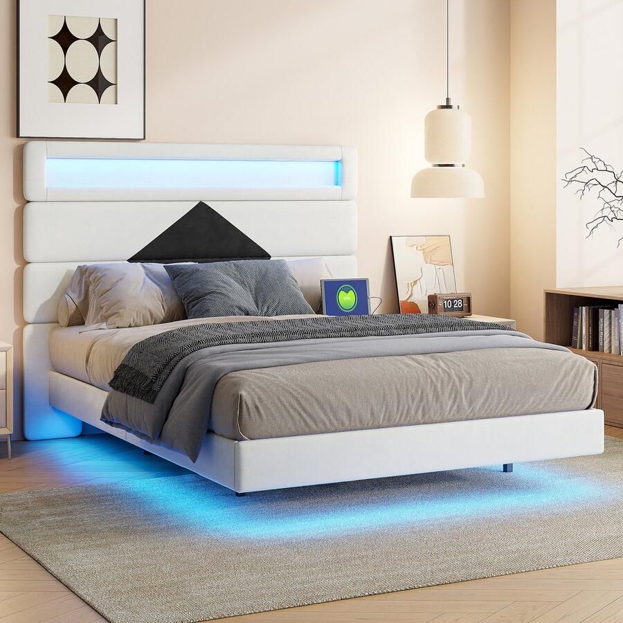 NMONET Tweepersoonsbedden 140x190 cm Gestoffeerd bed Volwassenbed Jeugdbed RGB LED stripverlichting Verborgen steunpoten Verstelbaar Ruitpatroon fluwelen zachte verpakking hoofdbord 1 stopcontact USB poort Metalen frame Beige