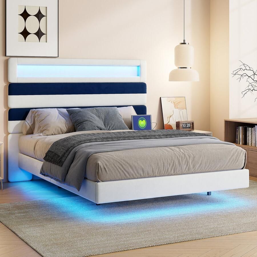 NMONET Tweepersoonsbedden 140x190 cm Gestoffeerd bed Volwassenbed Jeugdbed RGB LED stripverlichting Verborgen steunpoten Verstelbaar gestreept fluwelen zachte verpakking hoofdbord 1 stopcontact USB poort Metalen frame Lattenbodem Beige