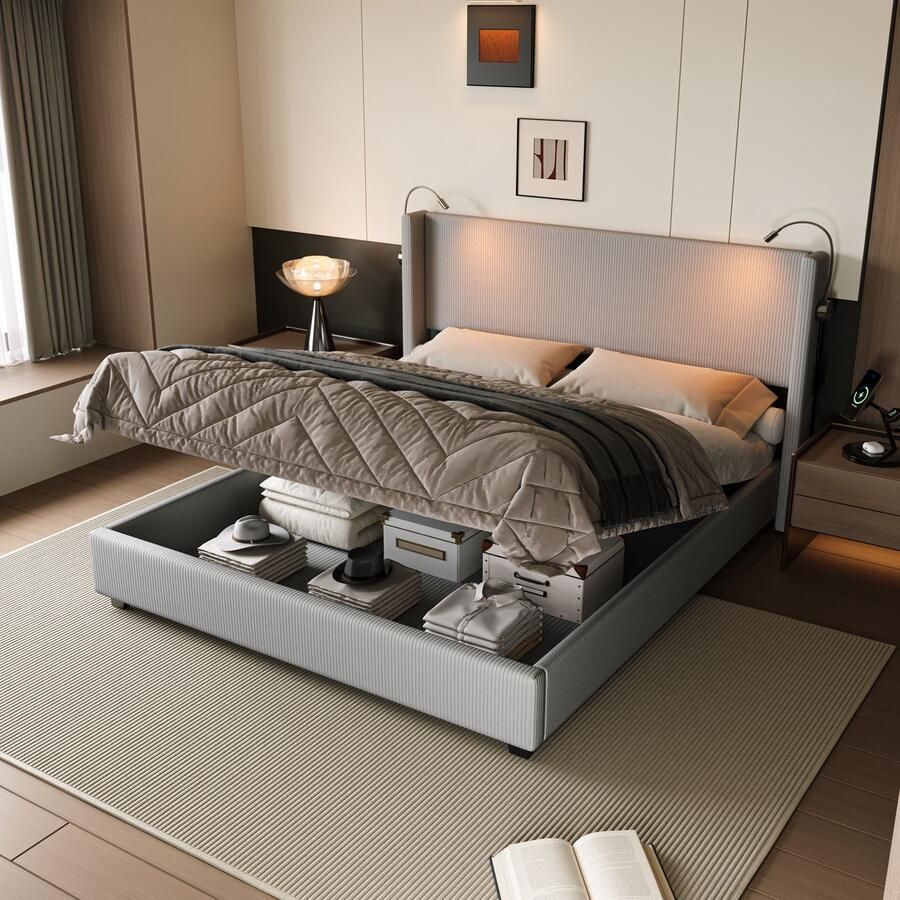 NMONET Tweepersoonsbedden 140x200 cm corduroy gestoffeerd hoofdeinde hydraulisch liftsysteem leeslamp USB oplaadpoort metalen frame lattenbodem veel opbergruimte moderne stijl Grijs