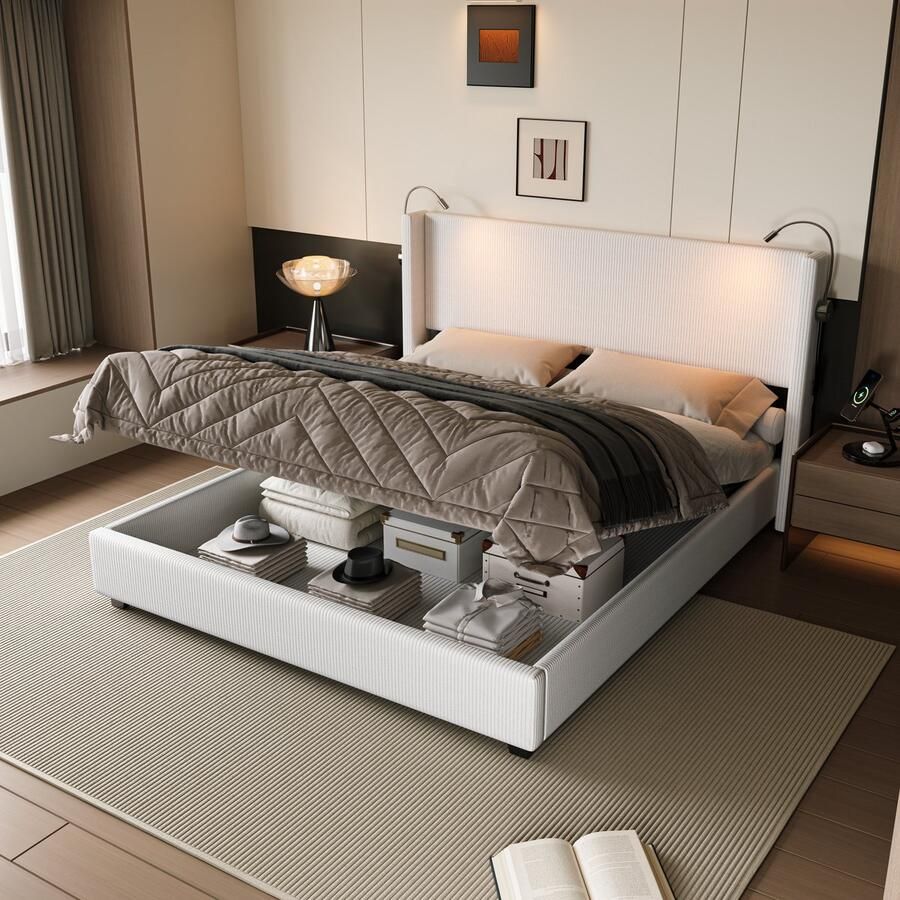 NMONET Tweepersoonsbedden 140x200 cm corduroy gestoffeerd hoofdeinde hydraulisch liftsysteem leeslamp USB oplaadpoort metalen frame lattenbodem veel opbergruimte moderne stijl wit
