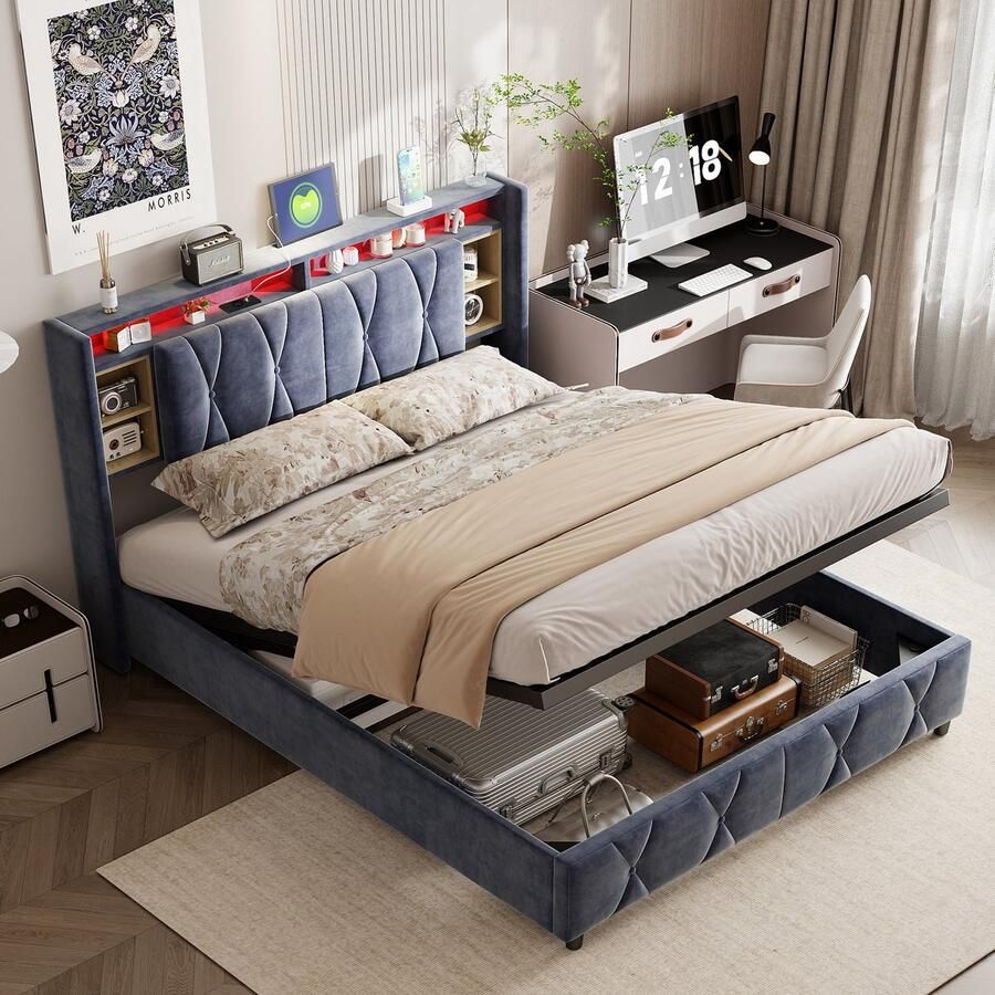 NMONET Tweepersoonsbedden 160x200 cm Gestoffeerd bed Volwassenbed Tienerbed fluweel gestoffeerd hoofdbord hydraulisch liftsysteem open opbergvak USB-aansluiting 1 stopcontact RGB LED lichtstrip metalen frame lattenbodem grijs