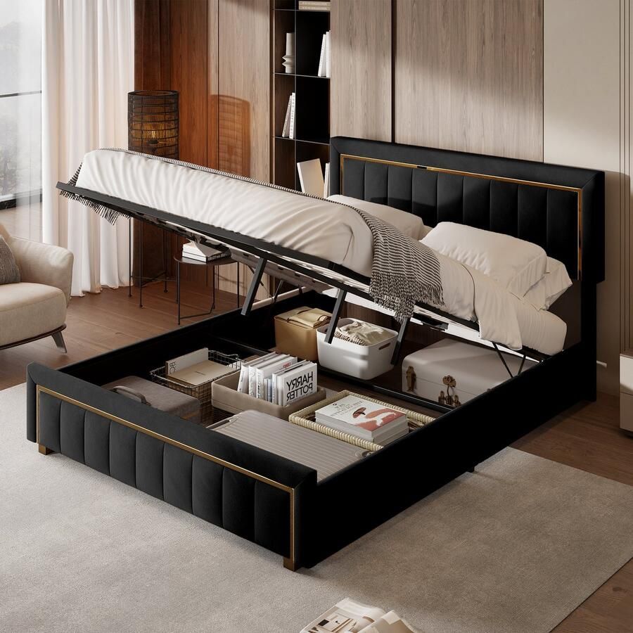 NMONET Tweepersoonsbedden 160x200 cm Volwassenbed Jeugdbed Gestoffeerd bed Flanellen hoofdbord Gouden afwerking Hydraulisch hefsysteem Metalen frame Lattenbodem Grote opbergruimte Hedendaagse stijl zwart