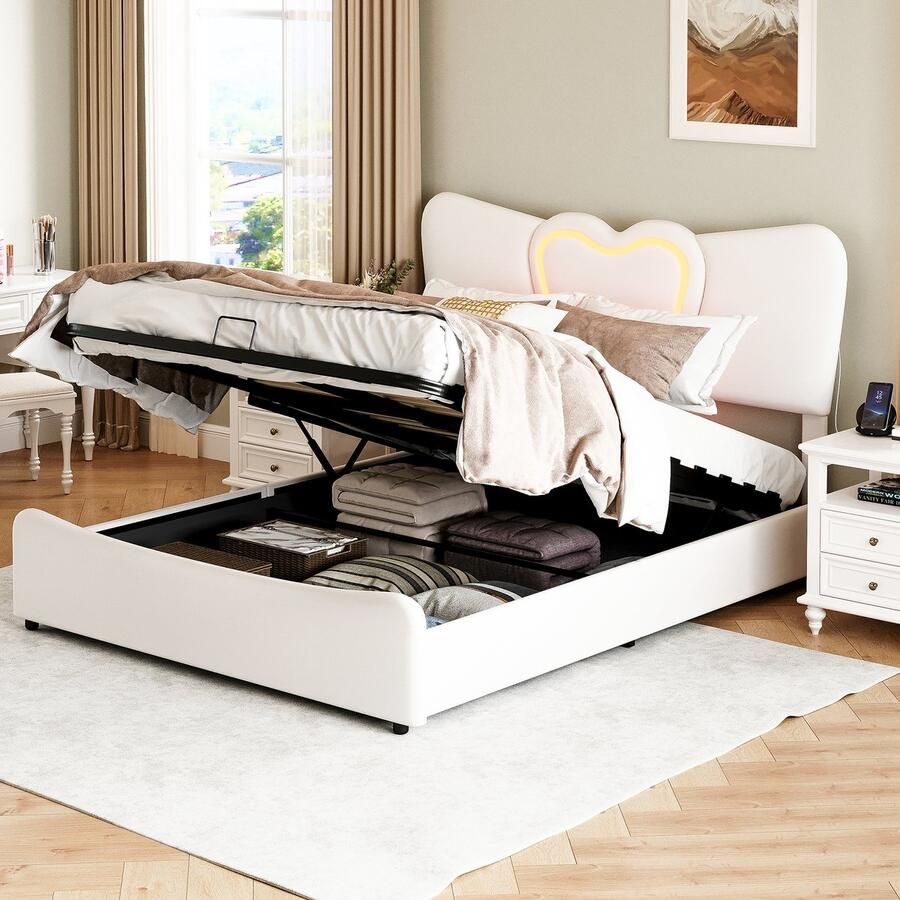 NMONET Tweepersoonsbedden 140x200 cm gestoffeerde hartvormige rugleuning USB-oplaadpoort fluweel LED verstelbare lattenbodem met hydraulische lift moderne stijl beige