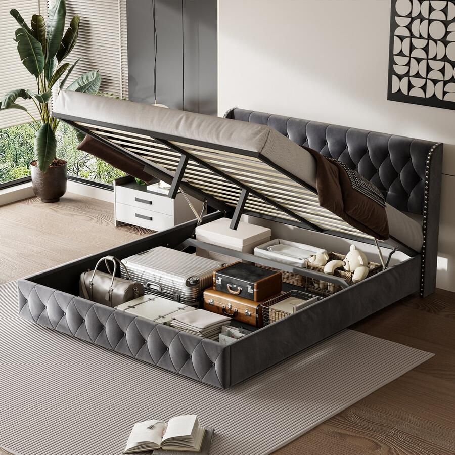 NMONET Tweepersoonsbedden 140x200 cm hydraulisch hefsysteem hoofdbord bekleed met fluweel decoratie met klinknagels metalen frame lattenbodem veel opbergruimte moderne stijl donkergrijs