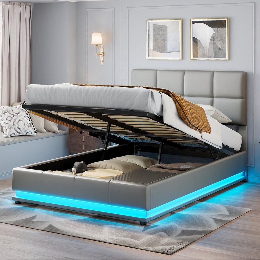 NMONET Tweepersoonsbedden 140x200 cm hydraulisch hefsysteem RGB LED lichtstrip PU gestoffeerd hoofdbord metalen frame lattenbodem veel opbergruimte moderne stijl grijs