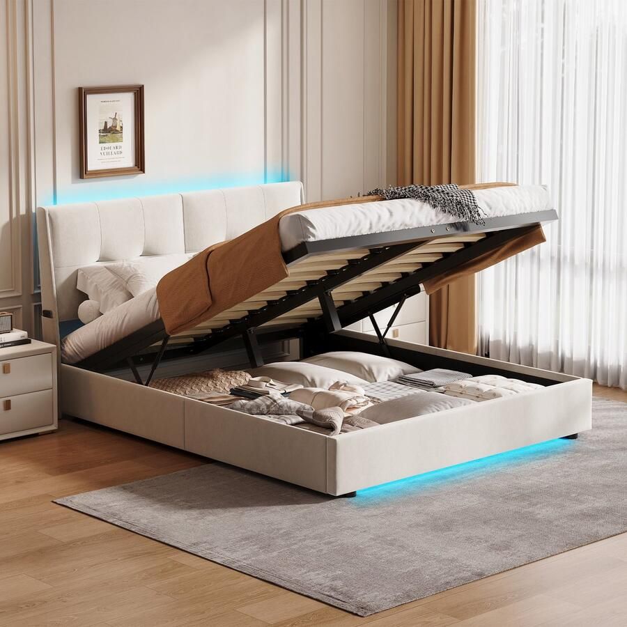 NMONET Tweepersoonsbedden 140x200 cm Hydraulische lift LED Metalen bedframe Lattenbodem met hoge dichtheid PU hoofdeinde Moderne stijl Beige