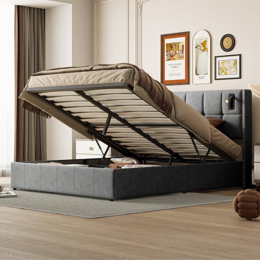 NMONET Tweepersoonsbedden 140x200 cm LED reading light Velvet upholstered headboard Metal frame Slatted base Hydraulic lifting system Plenty of storage space Modern design Grey