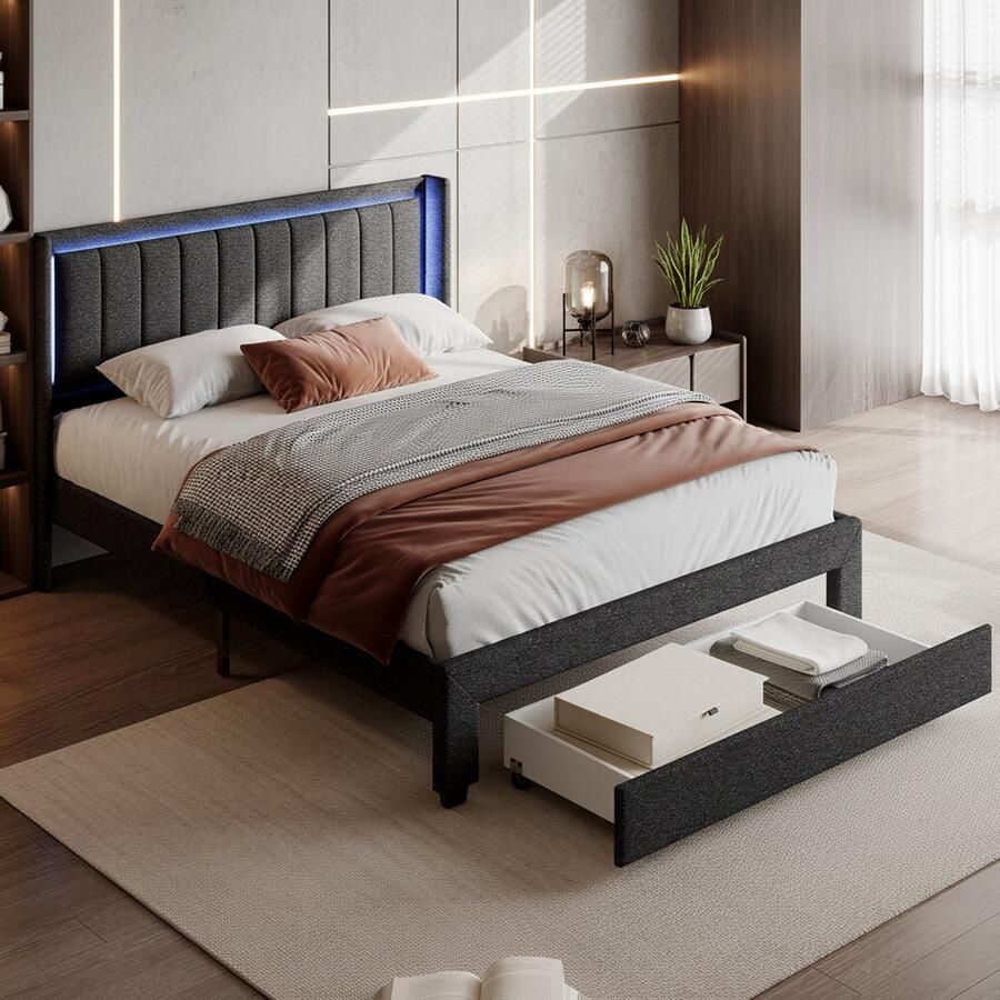 NMONET Tweepersoonsbedden 140x200 cm Tienerbed Gestoffeerd bed Volwassen Bed USB Type-C poort 1 grote lade Slimme LED lichtstrip Linnen gestoffeerd hoofdbord Metalen frame Lattenbodem Grote opslagruimte Moderne stijl Donkergrijs