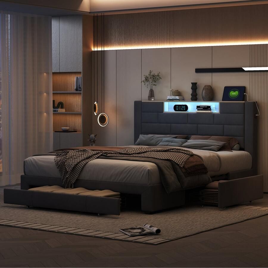 NMONET Tweepersoonsbedden 140x200 cm Tienerbed Volwassenbed Gestoffeerd bed 3 lades 2 USB-poorten RGB LED lichtstrip open opbergvakken fluweel gestoffeerd hoofdbord metalen frame lattenbodem minimalistische stijl grijs