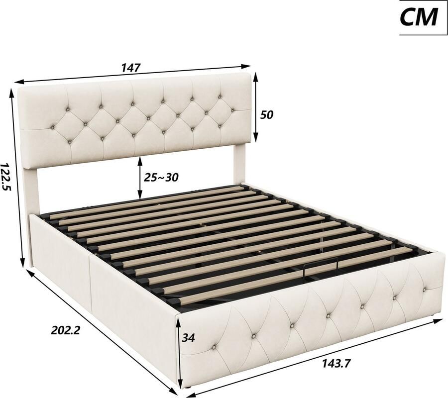 NMONET Tweepersoonsbedden 140x200 cm verstelbaar fluwelen hoofdeinde hydraulische hendelfunctie metalen bedframe met opbergruimte slaapkamer Opbergbed Tienerbed modern Volwassen bed beige