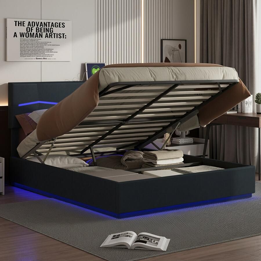 NMONET Tweepersoonsbedden 140x200 cm Volwassen Bed Tienerbed Gestoffeerd bed PU gestoffeerd hoofdbord hydraulisch liftsysteem RGB LED lichtstrip USB poort lineair streeppatroon metalen frame lattenbodem moderne stijl zwart