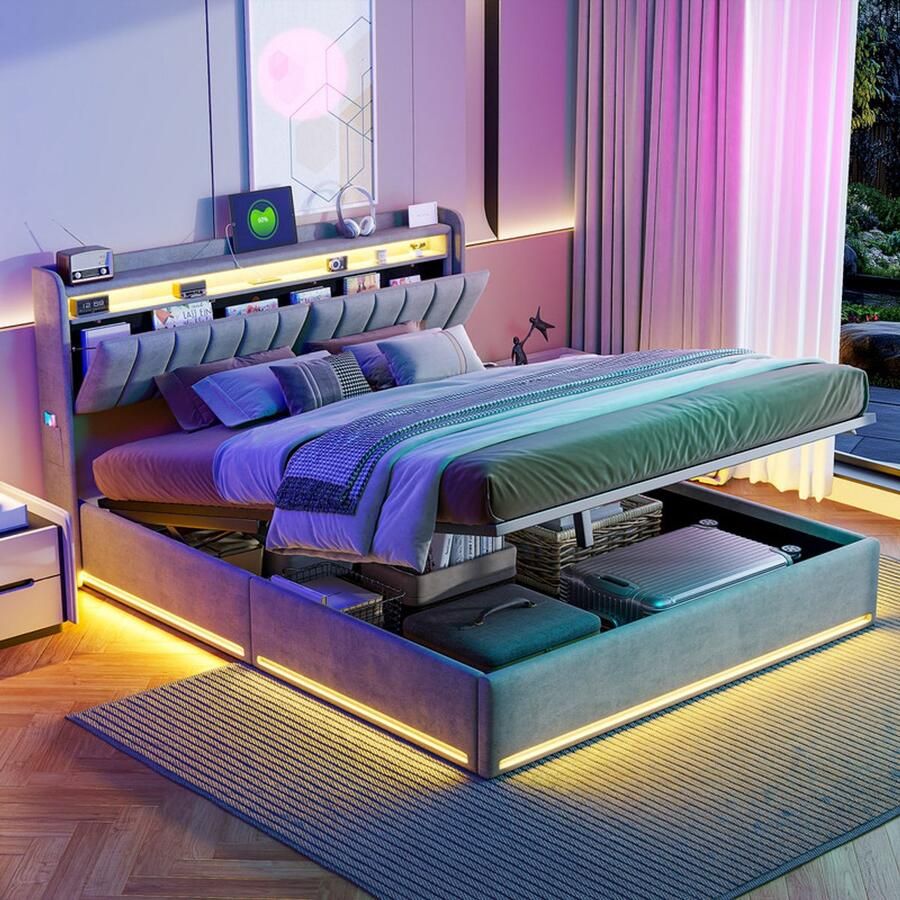 NMONET Tweepersoonsbedden 140x200 cm Volwassen bed Zacht Tas bed Jeugdbed Hoofdbord bekleed met fluweel Hydraulisch hefsysteem Open opbergvak USB-poort RGB LED-lichtstrip Metalen frame Lattenbodem Hedendaagse stijl Grijs