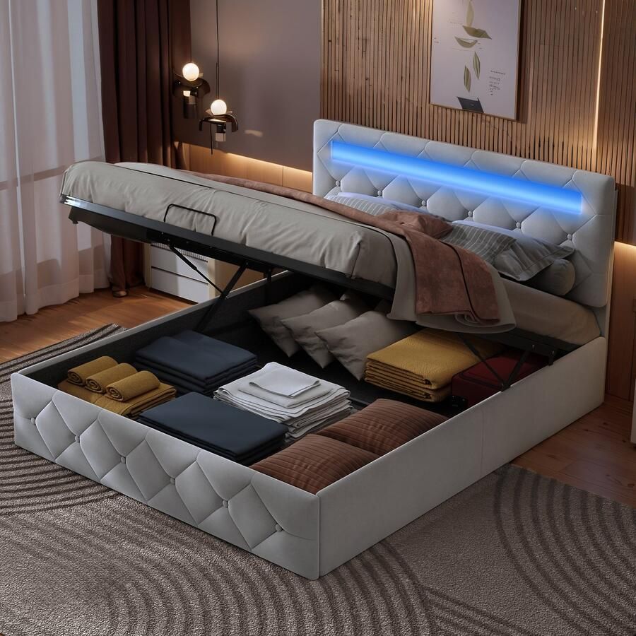 NMONET Tweepersoonsbedden 140x200 cm Volwassenbed Gestoffeerd bed Jeugdbed Hydraulisch liftsysteem Open opbergvakken Knooppatroon Verstelbaar fluweel gestoffeerd hoofdbord RGB LED-lichtstrip Metalen frame Lattenbodem Abrikoos