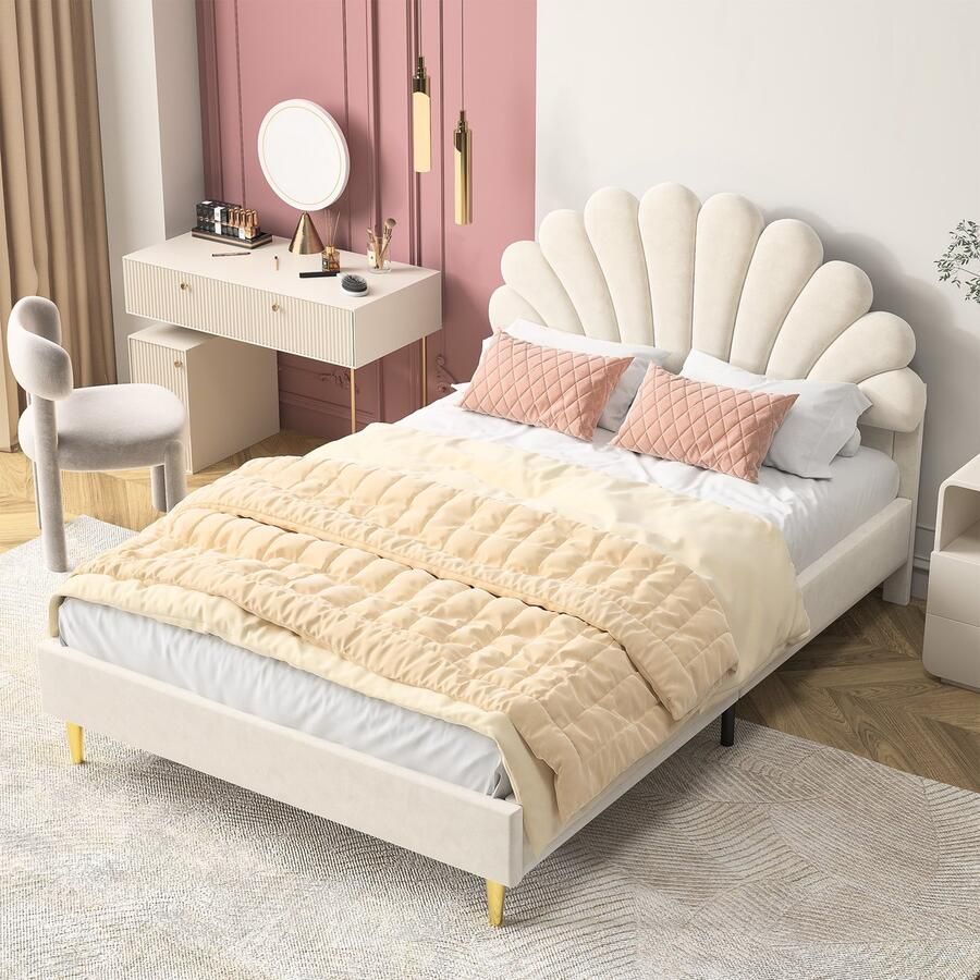 NMONET Tweepersoonsbedden 140x200 cm Volwassenbed Jeugdbed Gestoffeerd bed Gestoffeerd hoofdbord bloemblaadjesvormig van een van fluweel Metalen frame Lattenbodem Antislipvoetjes Hedendaagse stijl rood