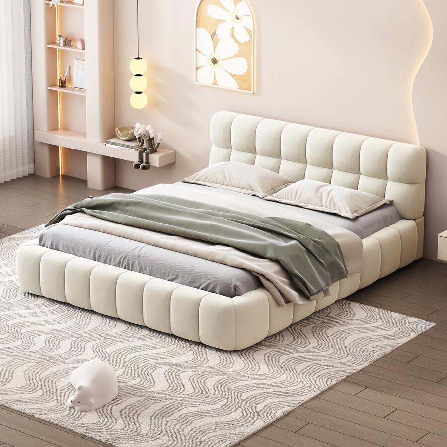 NMONET Tweepersoonsbedden 140x200 cm Volwassenbed Jeugdbed Gestoffeerd bed Linnen gestoffeerd hoofdbord Metalen frame Lattenbodem Hedendaagse stijl Beige