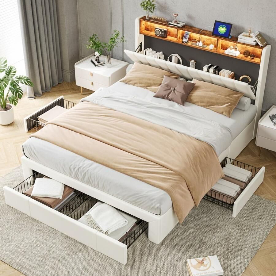 NMONET Tweepersoonsbedden 160x200 cm Volwassenbed -Tienerbed Gestoffeerd bed fluweel gestoffeerd hoofdbord RGB LED-lichtstrip open opbergvak 3 lades USB-aansluiting metalen frame lattenbodem veel opbergruimte moderne stijl beige