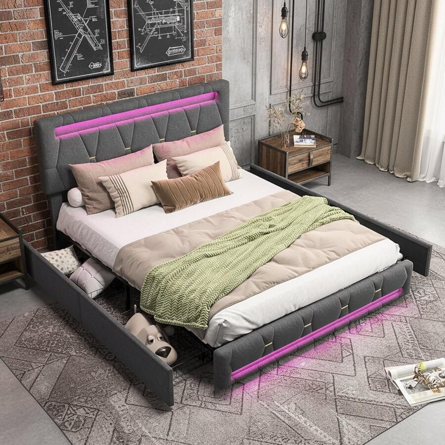 NMONET Tweepersoonsbedden 140x200 cm Youth bed Adult bed Zacht Tas bed RGB LED light strip Four drawers Upholstered height-adjustable headboard Metal frame Slatted base Large storage space Contemporary style Grey