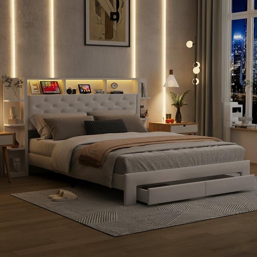 NMONET Tweepersoonsbedden 160x200 cm Zacht Tas bed Volwassenbed Jeugdbed Gestoffeerd hoofdbord met knooppatroon Open opbergvakken RGB LED lichtstrip USB poort 2 lades Grote opslagruimte eigentijdse stijl wit