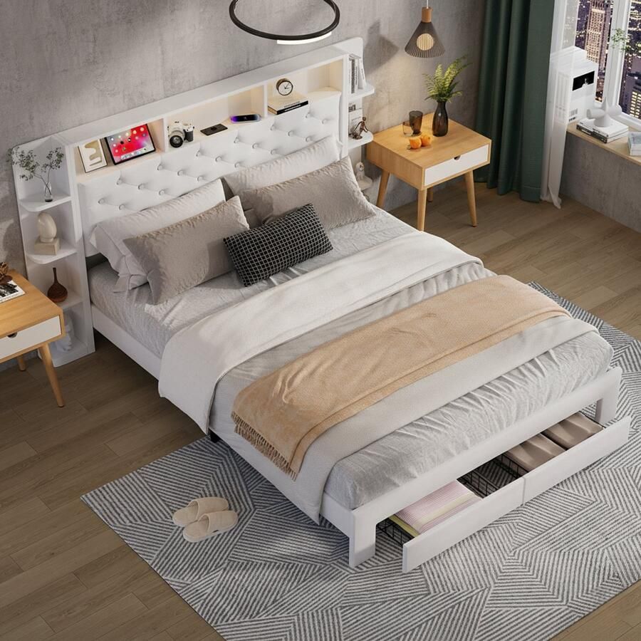 NMONET Tweepersoonsbedden 140x200 cm Zacht Tas bed Volwassenbed Jeugdbed Gestoffeerd hoofdbord met knooppatroon Open opbergvakken RGB LED lichtstrip USB poort 2 lades Grote opslagruimte eigentijdse stijl wit