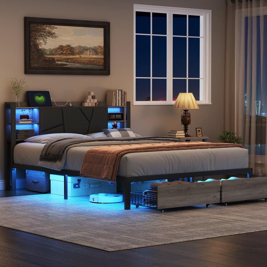 NMONET Tweepersoonsbedden 160x200 cm Zacht Tas bed Volwassenbed Jeugdbed LED lichtstrip USB poort Houten textuur Open opbergrek 2 grote lades PU gestoffeerd hoofdbord metalen frame lattenbodem eigentijdse stijl donkergrijs