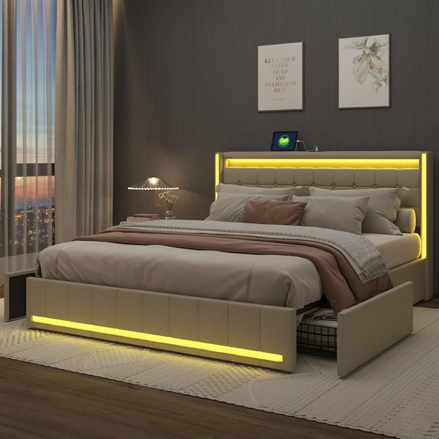 NMONET Tweepersoonsbedden 160x200 cm Zacht Tas bed Volwassenbed Jeugdbed Linnen gestoffeerd hoofdbord Slimme RGB LED-lichtstrip Opbergvak naast het bed USB Type-C-poort 4 lades Metalen frame Lattenbodem Hedendaagse stijl Beige