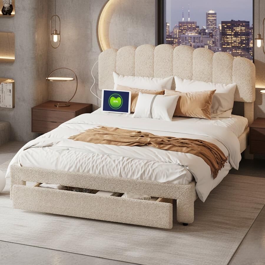 NMONET Tweepersoonsbedden 140x200 cm Zacht Tas bed Volwassenbed Jeugdbed Verstelbaar gestoffeerd hoofdbord USB Type-C poort Eén grote lade Lattenbodem Metalen frame Grote opslagruimte Hedendaagse stijl Beige