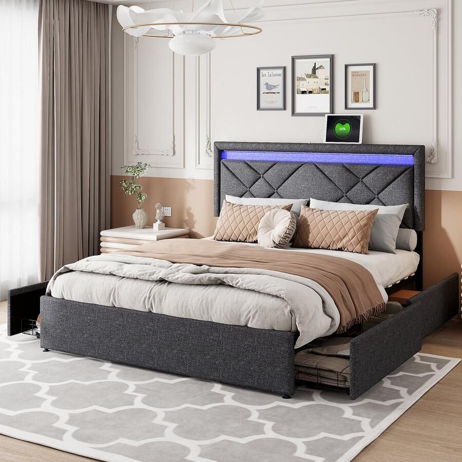 SHOPENTRA Tweepersoonsbed 140x200 cm grijs linnen met LED-hoofdbord USB-oplader en 4 metalen lades