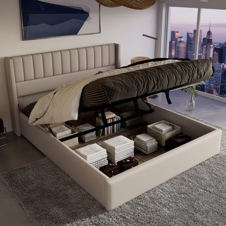 NMONET Tweepersoonsbedden 160x200 cm gestoffeerd bed Volwassenbed Jeugdbed Hydraulisch hefsysteem PU gestoffeerd hoofdeinde Metalen frame Massief houten lattenbodem Antislipvoetjes Grote opbergruimte Hedendaagse stijl Beige