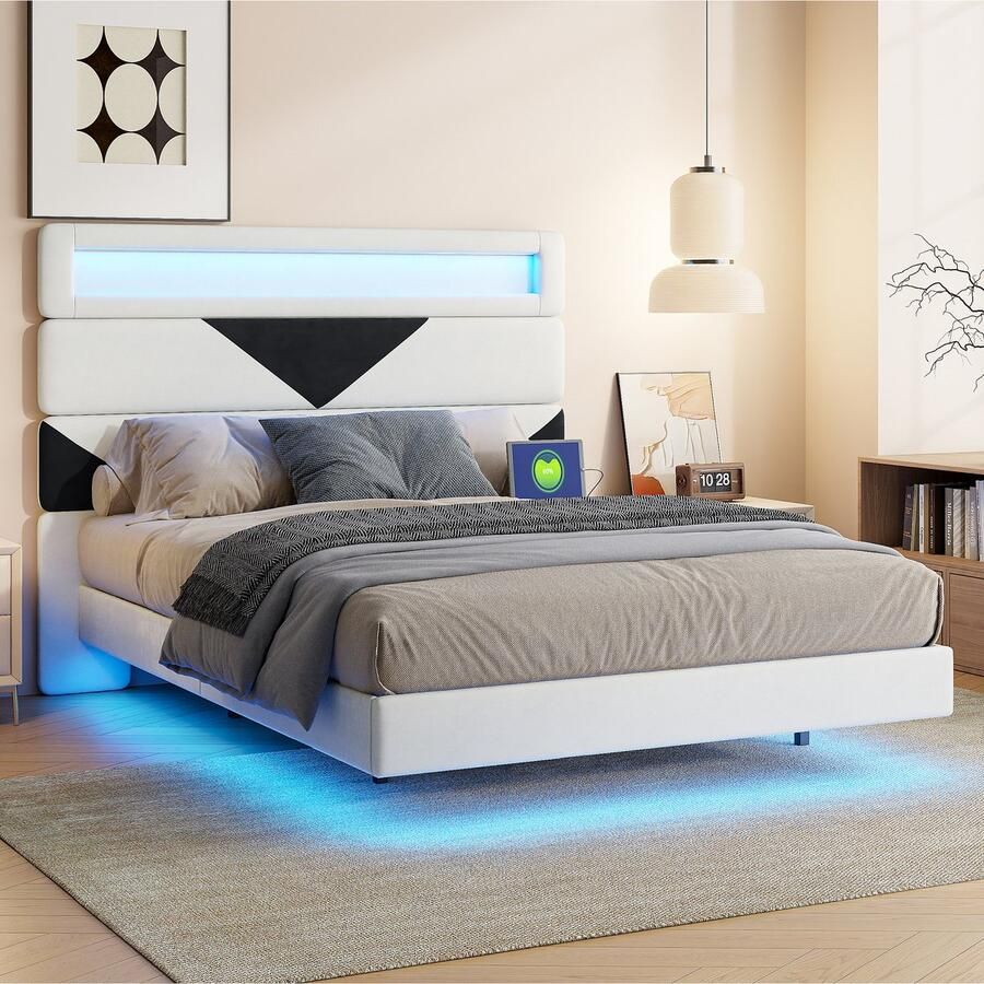 NMONET Tweepersoonsbedden 160x200 cm Gestoffeerd bed Volwassenbed Jeugdbed RGB LED stripverlichting Verborgen steunpoten Verstelbaar Driehoekspatroon fluwelen zachte verpakking hoofdbord 1 stopcontact USB poort Metalen frame Beige