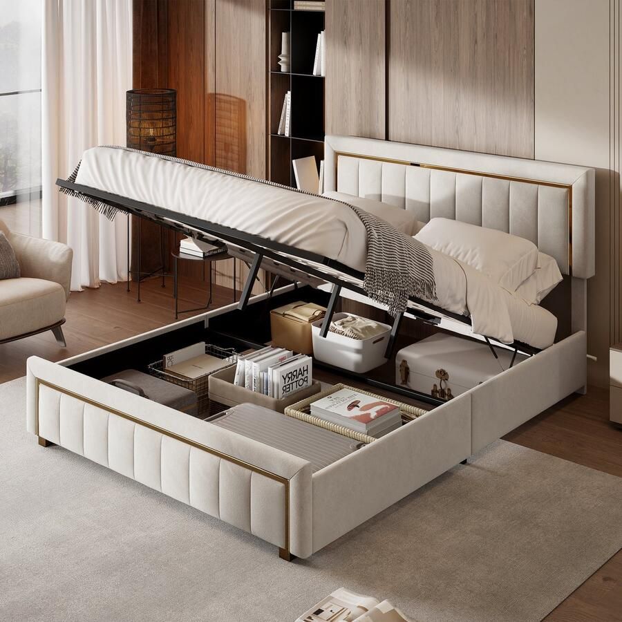 NMONET Tweepersoonsbedden 160x200 cm Gestoffeerd voor slaapkamers jeugdbed Opbergbed Logeerbed Goud gestreept gestoffeerd hoofdbord Open opslaglaag hydraulische stangen Grote opslagruimte metalen frame lattenbodem Beige matras niet inbegrepen