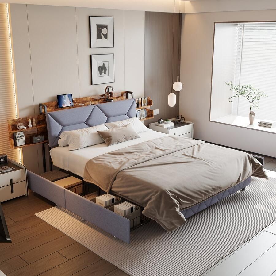 NMONET Tweepersoonsbedden 140x200 cm houten opbergplanken aan beide zijden 4 lades gestoffeerd hoofdeinde metalen frame massief houten lattenbodem moderne stijl grijs